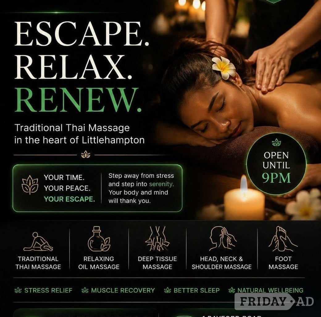 Well come all to our lovely friendly Thai ladies for your message and relaxing days with us newly opening UNIQUE THAI MASSAGE 1 BAYFORD ROAD LITTLEHAMPTON BN17 5HL image Well come all to our lovely friendly Thai ladies for your message and relaxing days with us newly opening UNIQUE THAI MASSAGE 1 BAYFORD ROAD LITTLEHAMPTON BN17 5HL image